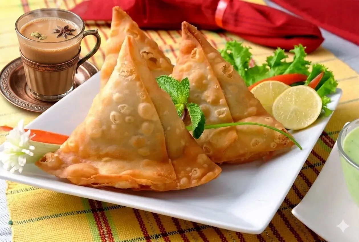 Samosa with Masala Chai — $5 combo at Feast of India Calgary SE